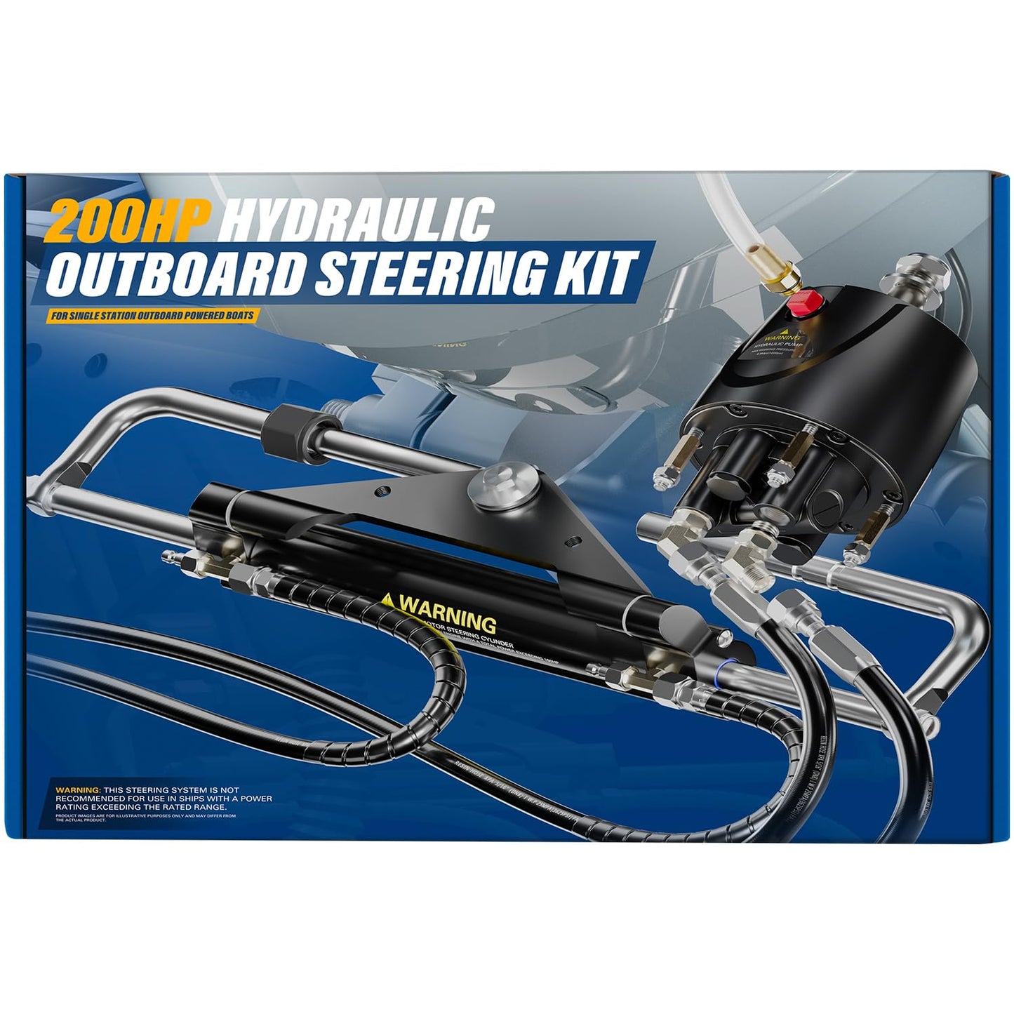ππ©π π«πππ 200HP Hydraulic Outboard Steering Kit Boat Marine System with Electroplated Steering Wheel, Helm Pump, Hydraulic Cylinder, 26ft PU Hoses, Fit for Most Single Outboard-Powered Boats
