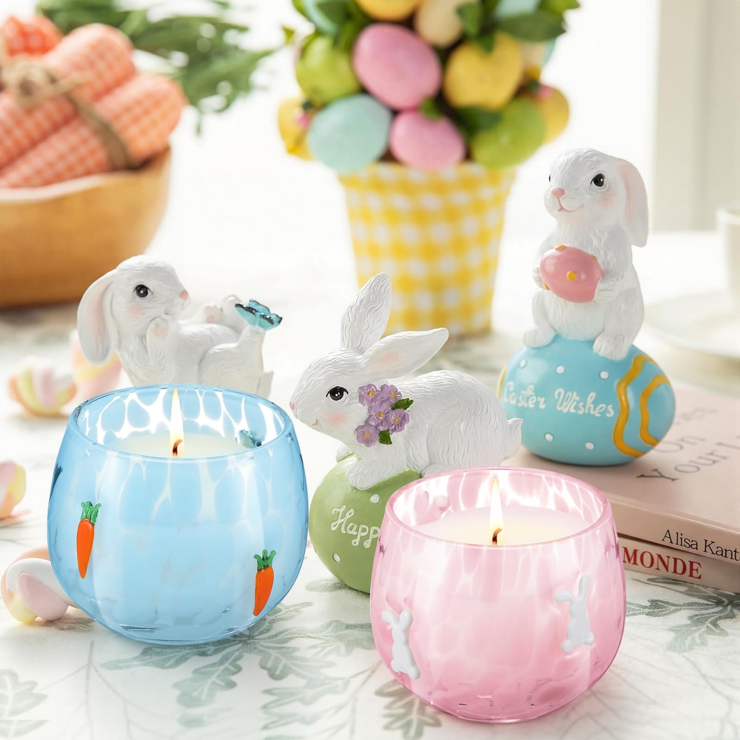 Treela Set of 2 Decorative Spring Easter Candles, 7oz Bunny & Carrot Soy Wax Icon Glass Jar Candles, Spring Home Table Centerpiece Decor, Easter Gift for Women Party Favor