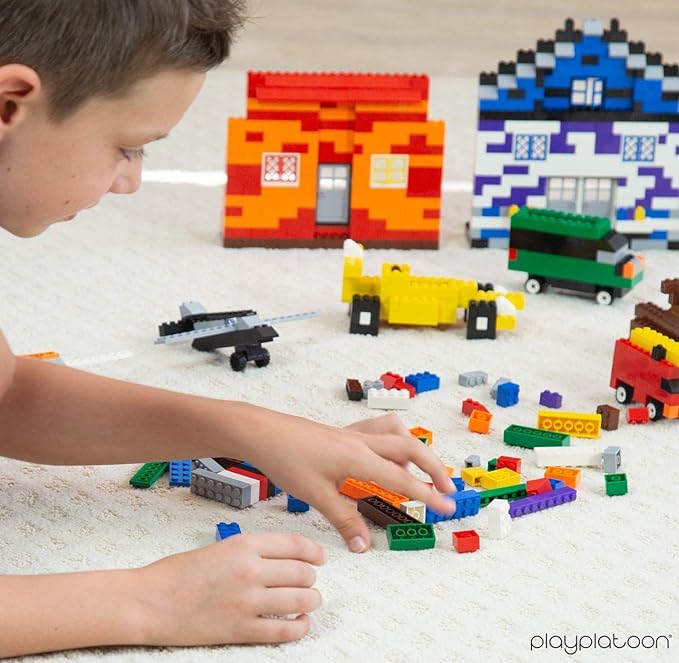 Play Platoon 1120 Pieces Building Bricks Set - 10 Classic Color Blocks - Bulk Building Blocks Compatible with Major Brands - 14 Different Shape Bricks - Includes Wheels Tires Axles Windows & Do