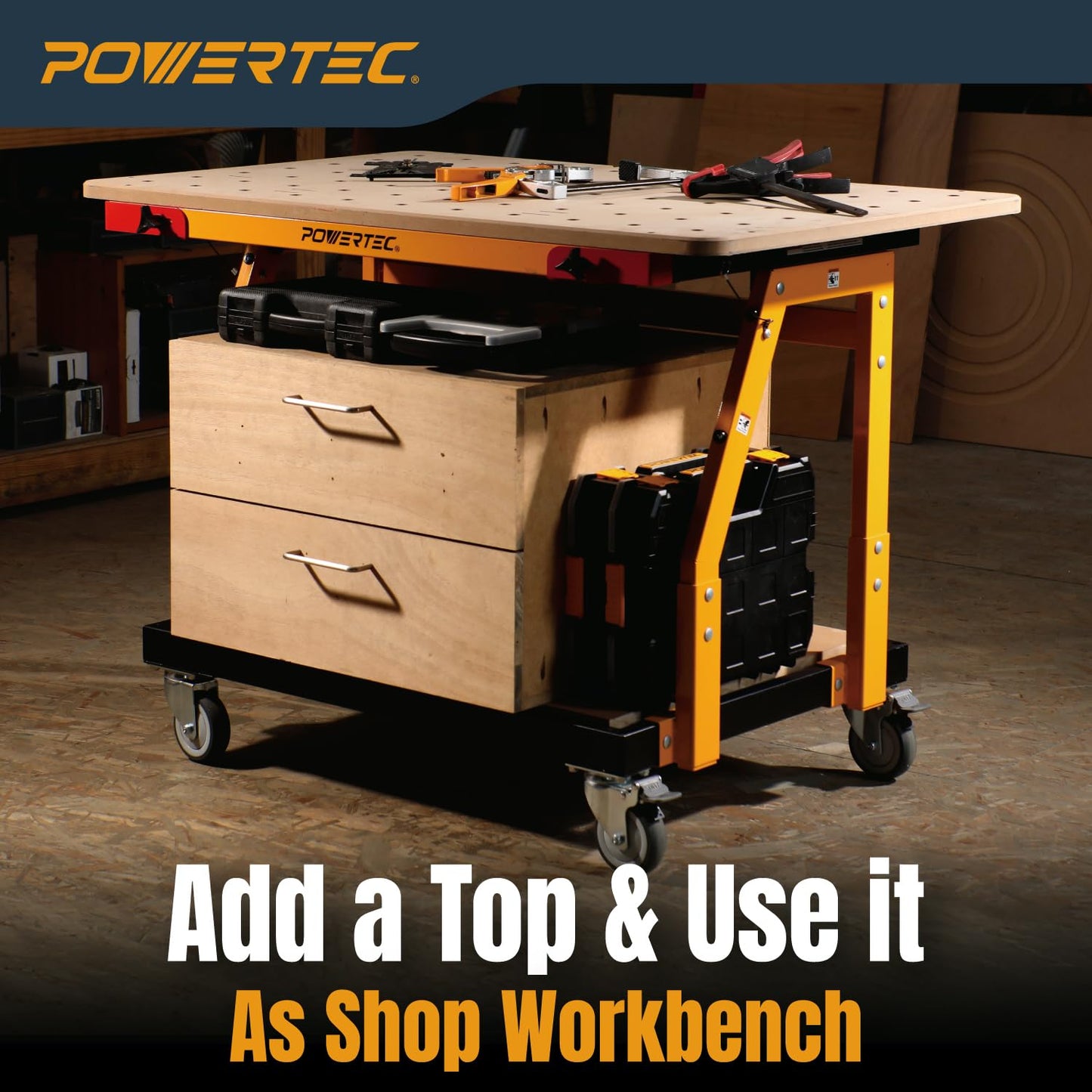 POWERTEC Panel Transfer Cart with Tilting Top - Multi-Purpose Mobile Shop Stand, 220lbs Capacity, 31-37" Adjustable Height, 4" TPR Wheels - 2 Casters with Brake 2 Without (UT1011)
