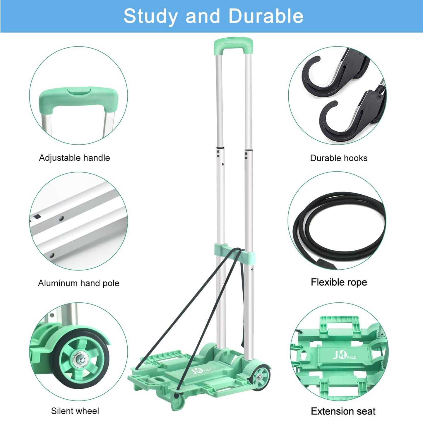 JMFOLD Folding Hand Truck 70 lbs,Small Dolly with 2 Wheels,Folding Luggage cart, Lightweight Aluminum Foldable Luggage Cart,for Airport,Travel,Moving and Office Use (Silver-Aluminum)