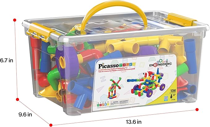 PicassoTiles PTT136 136pcs Tubular Pipes & Spout STEAM Interlocking Educational Building Block Set Tube Locks Pipeworks Construction Blocks w/Storage Container Box Idea Book Flute Musical Kit