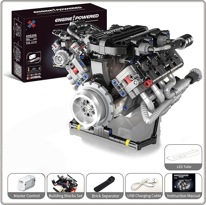 V8 Engine Building Kits That Runs with Motor - 715+Pcs Build Your Own Visible APP Controls Mini V8 Engine Model8-Cylinder Transparent Design Car Engine Building Engineering Set for Adults