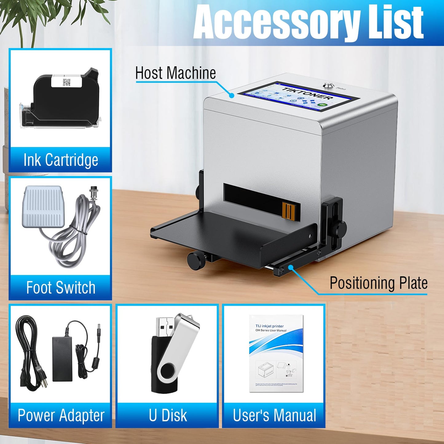 TIKTONER Inkjet Coding Machine, Date Printer with 7-inch Touch Screen Batch Code Printer with 42ml Quick-Drying Ink Cartridge Inkjet Coder for Barcode/QR Code/Number/Picture Print on Many Materials