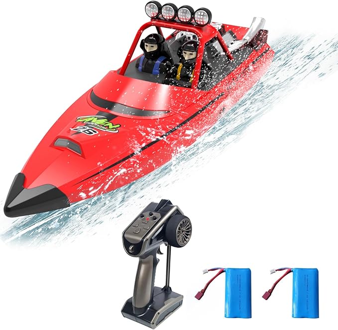 RC Boat W/ 2.4GHz Remote Control 2 Rechargeable Batteries & LED Lights for Pool Lakes Water High Speed RC Sport Jet Boat RTR for Adults Gifts Toys (Red)