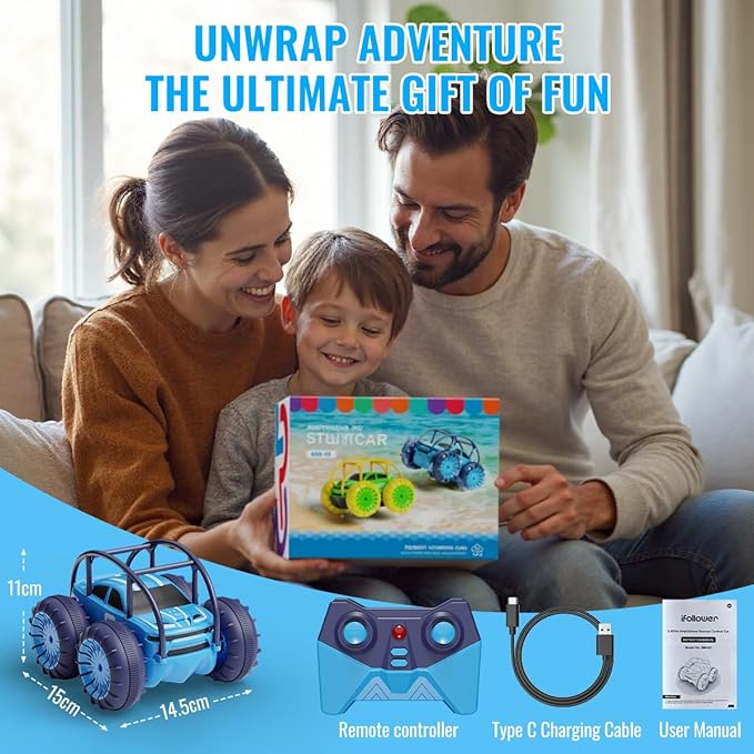 Amphibious Remote Control Car Rechargeable RC Cars & Remote 360° Rotating Flips 2.4Ghz 4WD All Terrain Stunt Car Toy Christmas Birthday Gift for Kids Boys 3-12 Years