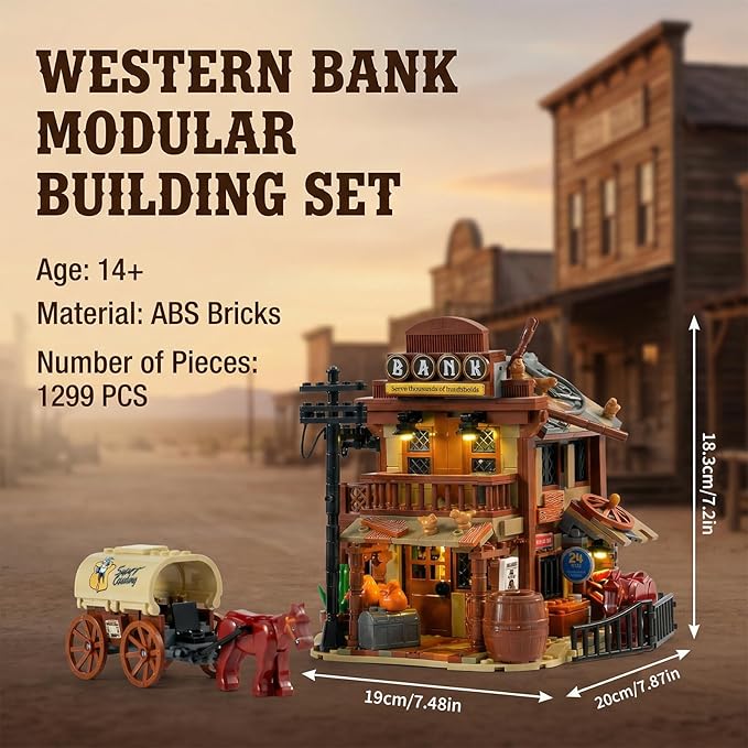 Western Bank Modular Building Set for Adults Wild West Cowboys Cabin with HorsesWagon & LED Lights Collection House Set for West Lovers (1299PCS)