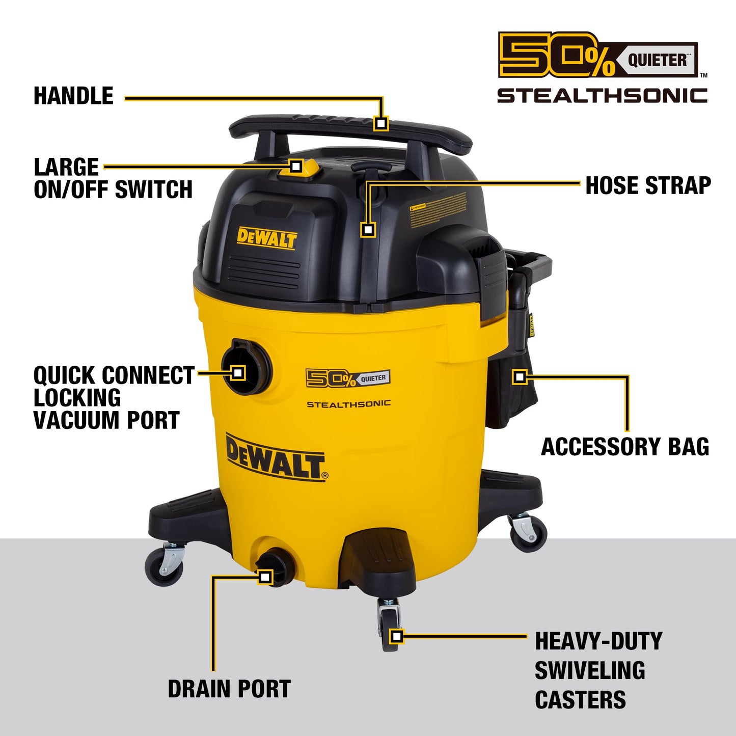 DEWALT 12 Gallon STEALTHSONIC Ultra Quiet Poly Wet Dry Vacuum, DXV12P-QTA Powerful Suction Noise Reduction Vac, 5.5 Peak HP Shop Vacuum for Jobsite/Workshop, Reduce Motor Noise, Yellow
