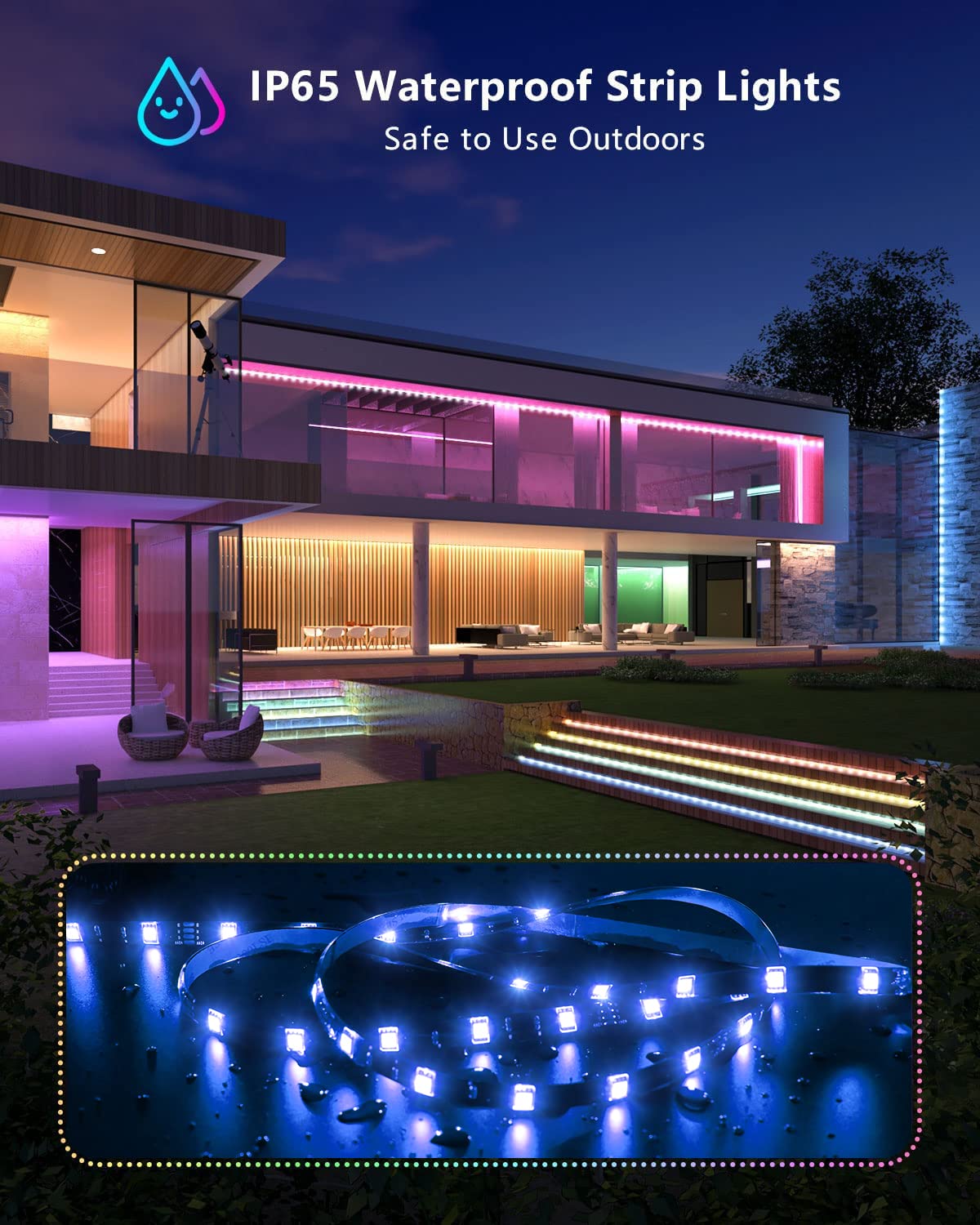 MIHEAL Led Light Strip, WiFi Wireless Smart Phone Controlled 65.6ft IP65Waterproof Strip Light Kit Black PCB 5050 LED Lights,Working with Android and iOS System,IFTTT