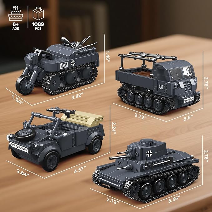 4 IN 1 WW2 Army Tanks Toy Building Block Set(1089 Pcs)Compatible with LegoCreate German 38T-A Light Tank&3 German Style Small Military Vehicles Models Great Military Toy Gift for Boy Age 6+ Year