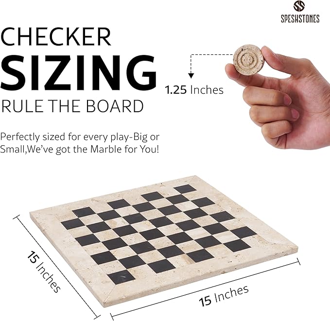 Marble Checkers Set 15 Inch Handmade Travertine & Black Checkers Board Game with Checker Pieces - Board Games for Adults Game Table Accessories Gifts & Home Décor