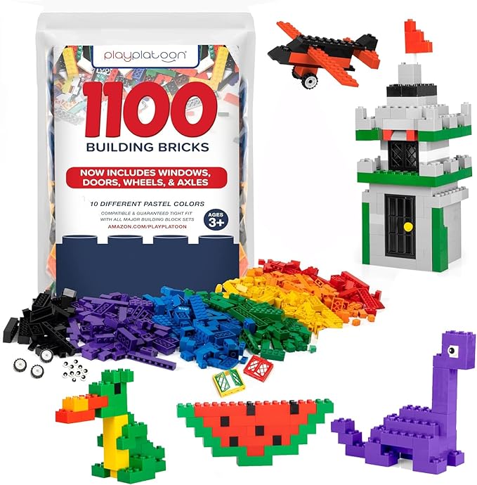 Play Platoon 1100 Pieces Building Bricks Set - 10 Classic Color Blocks - Bulk Building Blocks Compatible with Major Brands - 14 Different Shape Bricks - Includes Wheels Tires Axles Windows & Do