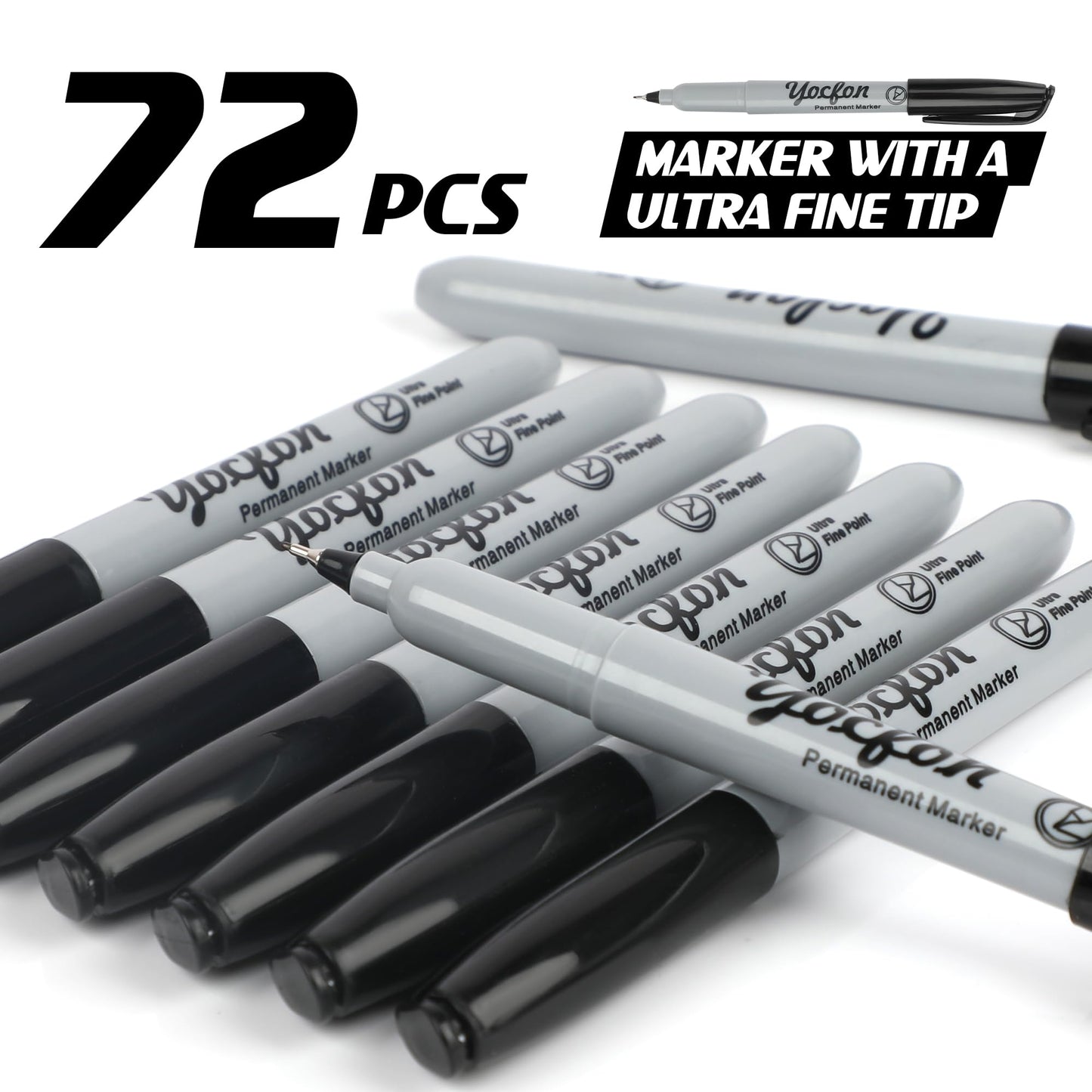 Yocfon Permanent Markers Ultra Fine Tip, Bulk Pack Of 72 Count Black Permanent Marker Set, Quick-Drying Ink, Works On Plastic, Wood, Stone, Metal And Glass