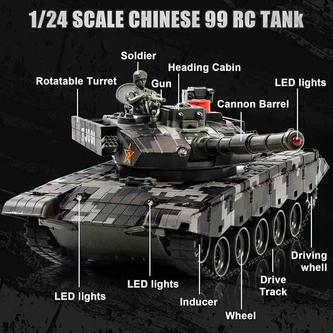 1/24 RC Tank 2.4Ghz Chinese 99 Remote Control Tank & 330°Turret Rotation. 2 × Rechargeable Batteries Infrared Battle Toy with Smoke LED Lights and Sound Effect Gift for Boys