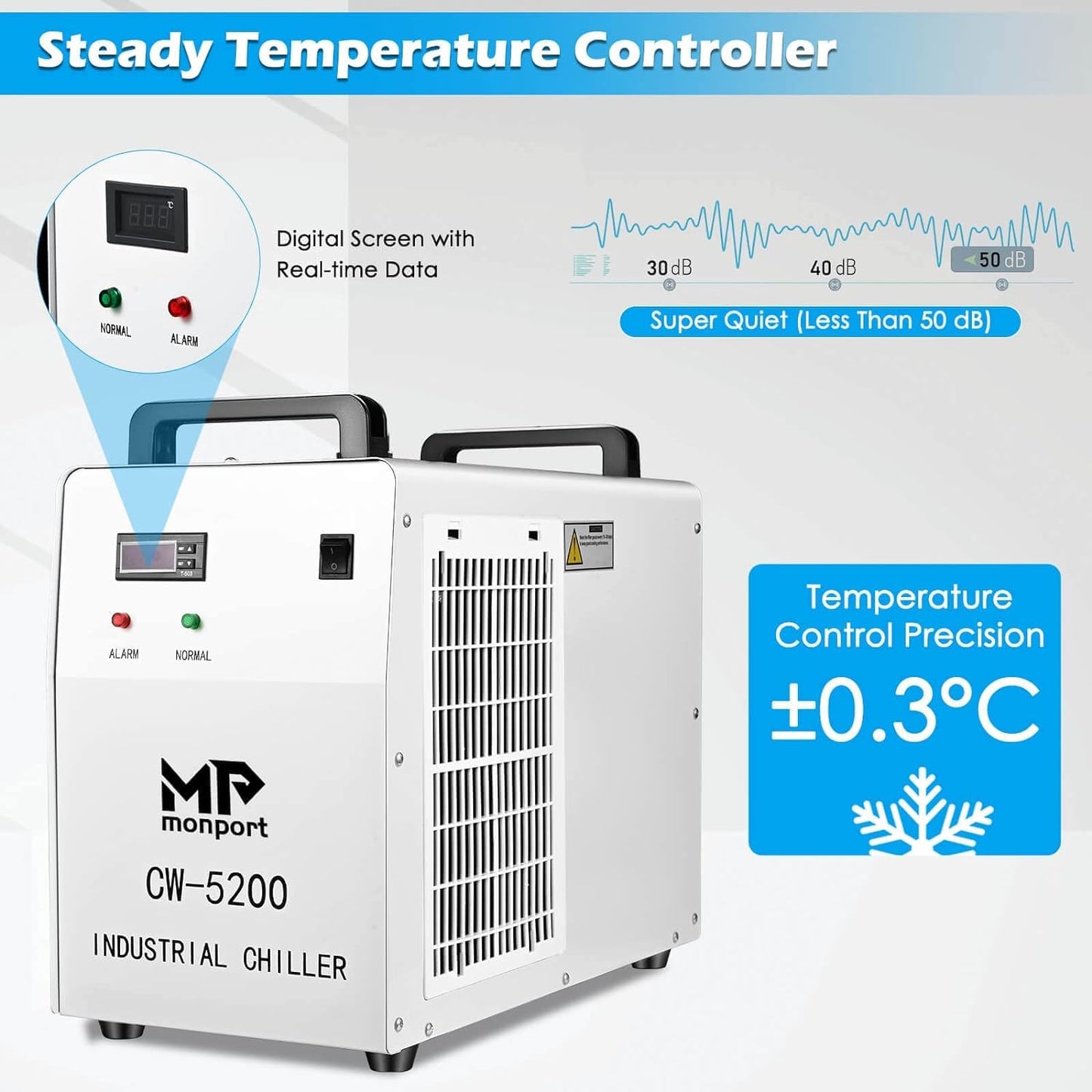 Monport 6L Industrial Water Chiller CW-5200 0.9hp 2.6Gal/min Water Cooling System for 50W-150W CO2 Laser Engraver&Cutter Machine