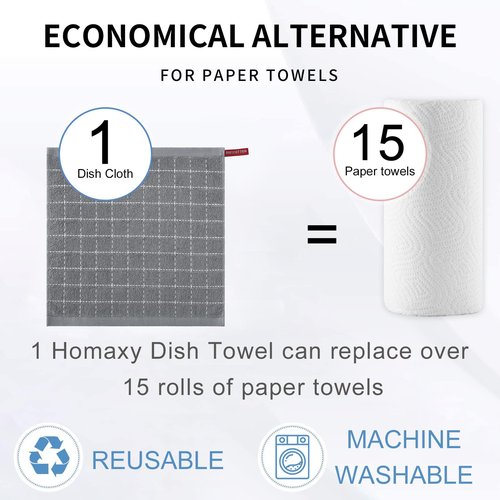 Homaxy 100% Cotton Terry Kitchen Dish Cloths, Ultra Soft and Absorbent Dish Towels for Kitchen, Suitable for Drying and Washing Dishes, 6 Pack, 12 x 12 Inches, Grey