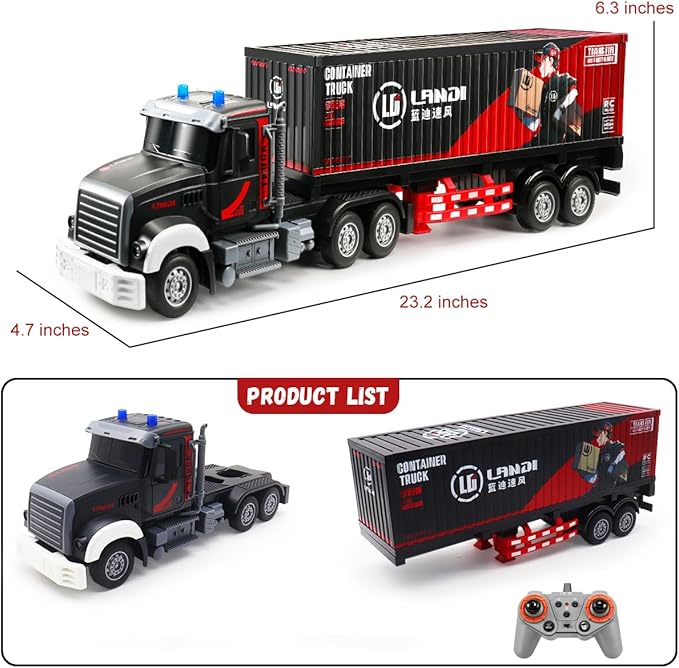RC Semi Truck 23.6 Inch Remote Control Semi Truck and Trailer Toy Semi Truck Toy 2.4Ghz with Sound and Lights Container 1/24 RC Construction Vehicles Toy for Kids & Boys