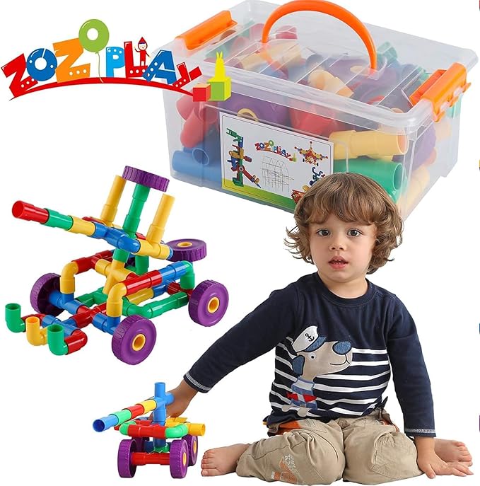 ZOZOPLAY STEM Learning Toy Tubular Pipes & Spouts & Joints 96 Piece Build Bicycle Tank Scootie Moter Skills Endless Designs Educational Building Blocks Set for Kid Ages 3+ Multicolor