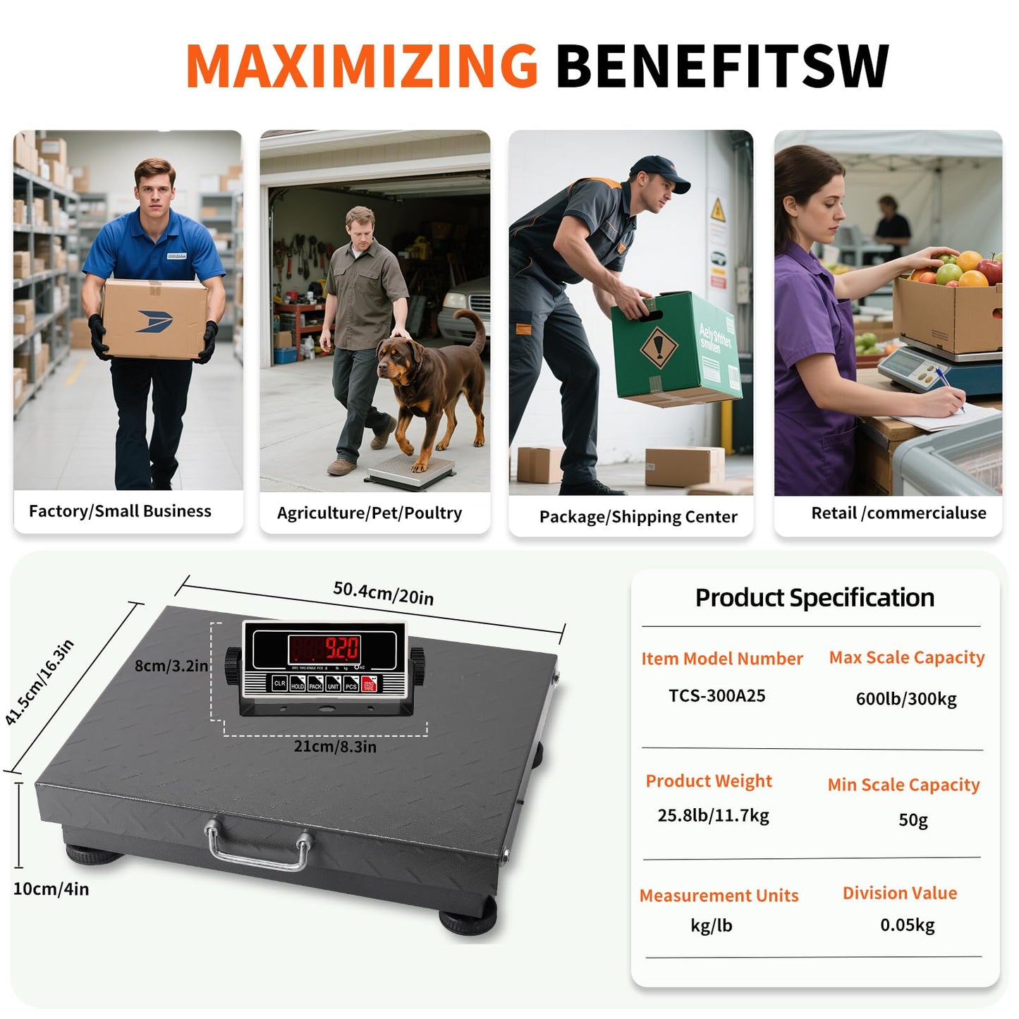 MEIYA Heavy Duty Shipping Scale, 660 lb Industrial Platform Scale for Packages, 0.1 lb Accuracy Postal Scale for Small Business & Warehouse with LB/KG, Counting, Tare & LCD, Lithium Battery & Adapter