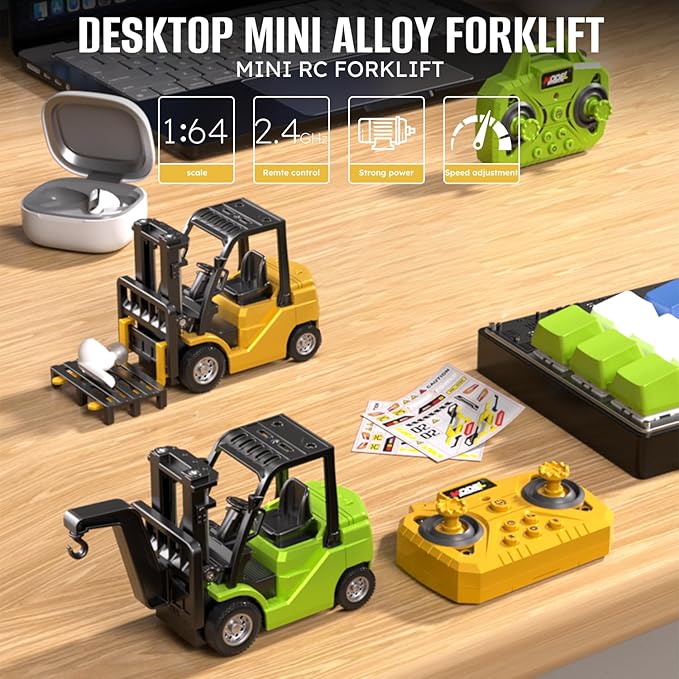 1/64 Mini RC Forklift Toy10 Channel 2 Mode Remote Control Forklift Truck with Rechargeable Battery 2 in 1 Transformable Lift Fork & Hook with Lights & Sounds Gift for Adults Kids Boys Girls