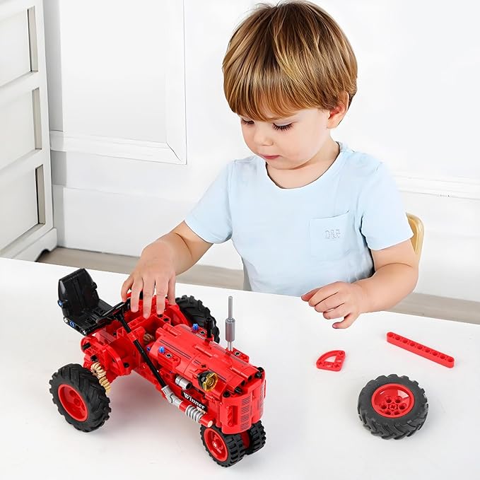 Classic 1/12 Red Tractor Building Blocks SetFarm Tractor Building Kit Toy for Kids Ages 6+STEM Educational Construction Kit for Kids 302 PCS with Shifting & Steering & Flip Hood Structure
