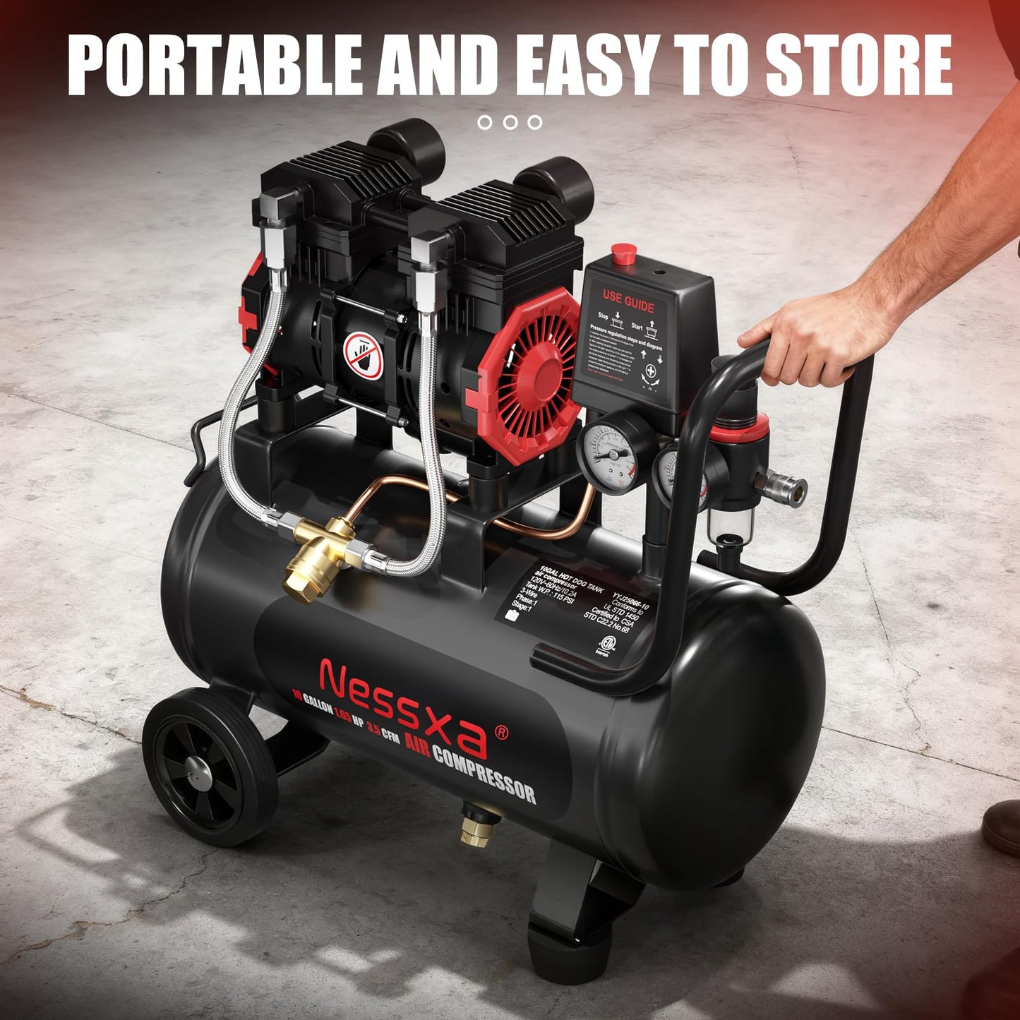 10 Gallon Ultra Quiet Air Compressor, Oil-Free Air Compressor Tank with Two Quick Couplers, 2HP 8.76 CFM@115PSI Pressure 70dB Electric Air Compressor for Woodwork Nailing, Garage, Auto Repair