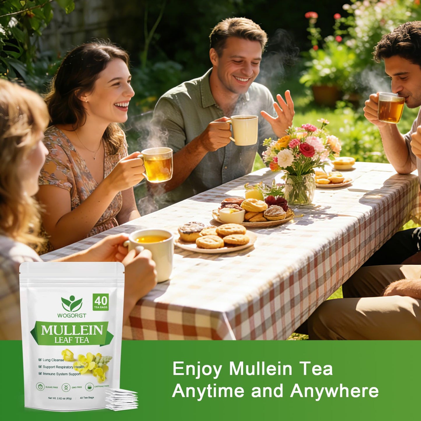 Mullein Tea Bags - Natural Mullein Leaf Tea for Lungs Cleanse and Respiratory Support, Caffeine Free - 40 Tea Bags