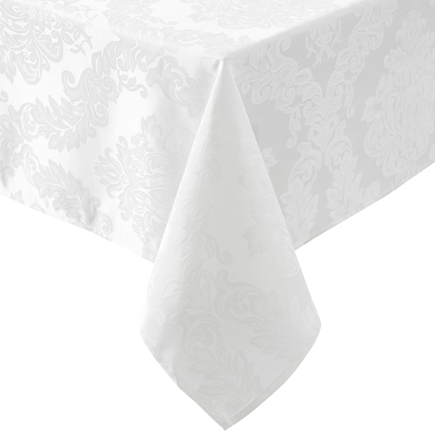 Newbridge Barcelona Luxury Damask Fabric Tablecloth, 70” Extra Wide x 144” Rectangle, White, 100% Polyester, No Iron, Soil Resistant Dining Room, Party and Banquet Table Cover