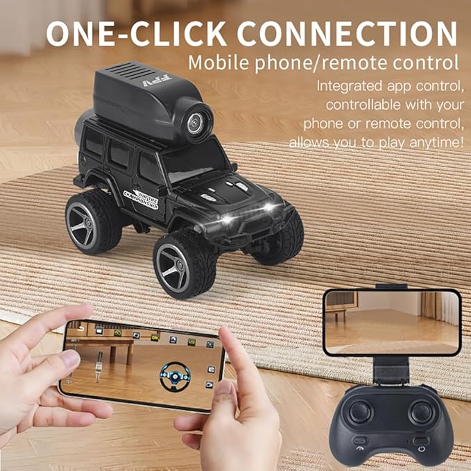 KF32 1:64 RC Mini Climbing Alloy Video Car with APP Control and Radio Remote Control HD Camera FPV Cars (Black)