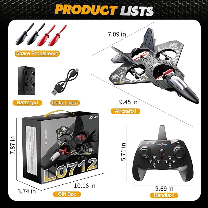 Foam Remote Control Airplane Drone for Kids Ages 8-12 Remote Control Jet with Lights 360° Flips Auto Hover Headless Mode One-Key Take Off & Landing Outdoor Flying Toy Gift for Boys