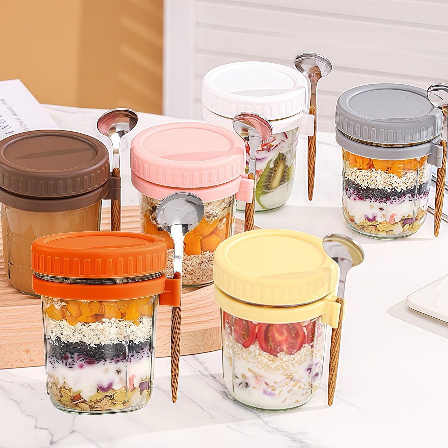 6-Pack overnight oats container, with Lids and Spoons 16 Oz Glass Mason Jars for, Large Capacity Leak Proof overnight oats jars,for Cereals, Fruits, Vegetables, Milk Salads, Yogurt.