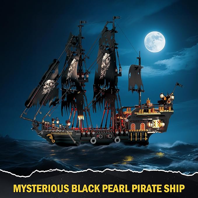 Pirate Ship Model Building Set for Adults Boys Girls Black Pearl Ship Model with Light Sail Boat Construction Toys Collectible Display Home Office Decor Birthday Gifts(1713 Pieces)