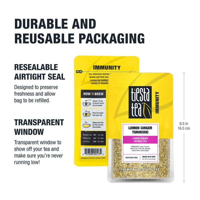 Tiesta Tea - Lemon Ginger Turmeric, Mother's Day Loose Leaf, Lemon Ginger Herbal Tea, Premium Blend, Non Caffeinated Herbal, Make Hot or Iced Brews Up to 25 Cups, 2.5 Ounce Resealable Pouch