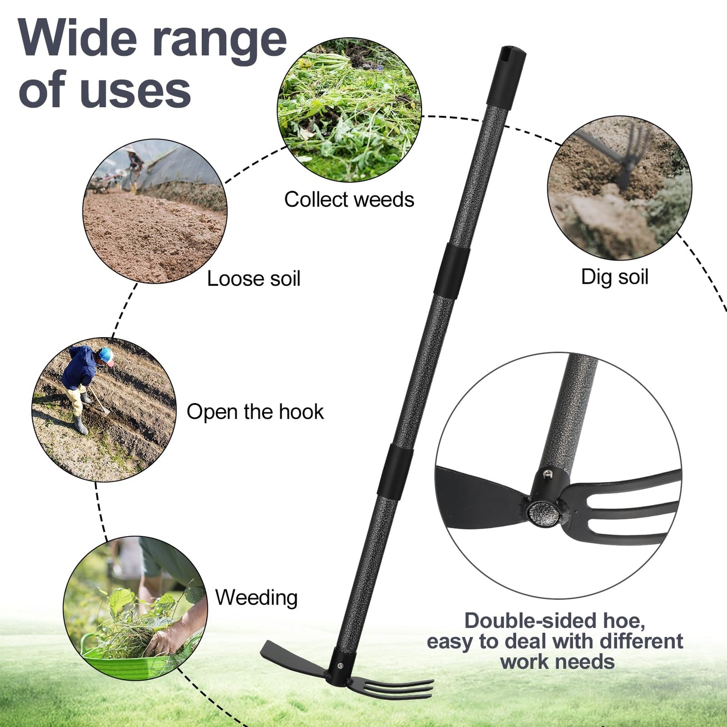 Cultivator Hoe Garden Tool, 45 inch Stainless Steel Long Handle Heavy Duty Gardening Tools,Extended Reach Double Hoes Suitable for Digging Loosening