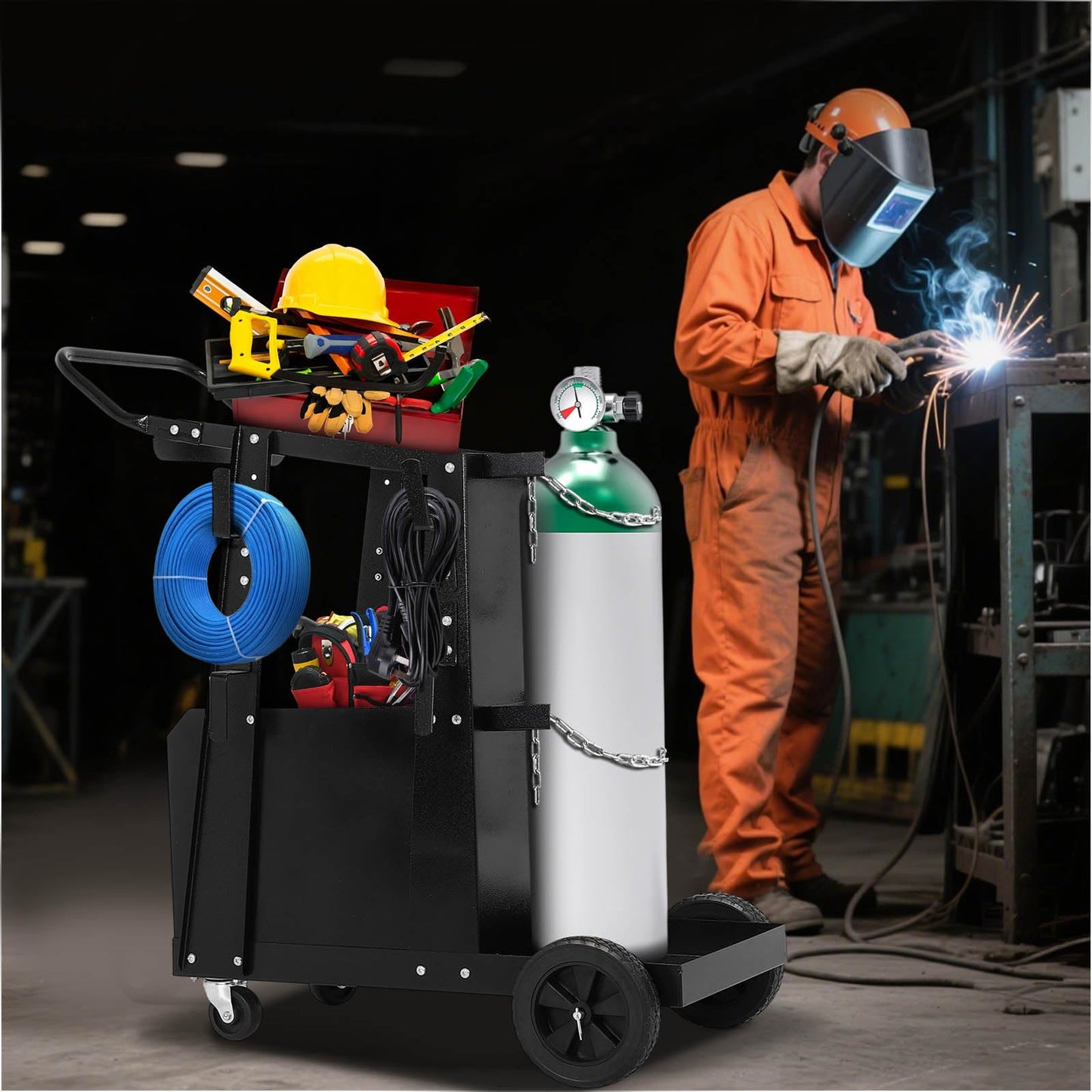 FAHKNS Welding Cart - Heavy Duty Welding Carts for MIG Welder & Plasma Cutter๏ผWelding Cart with Large Capacity Lockable Cabinet, 360ยฐ Swivel Wheels, Cable Hook๏ผStatic Load Capacity 220 LBS