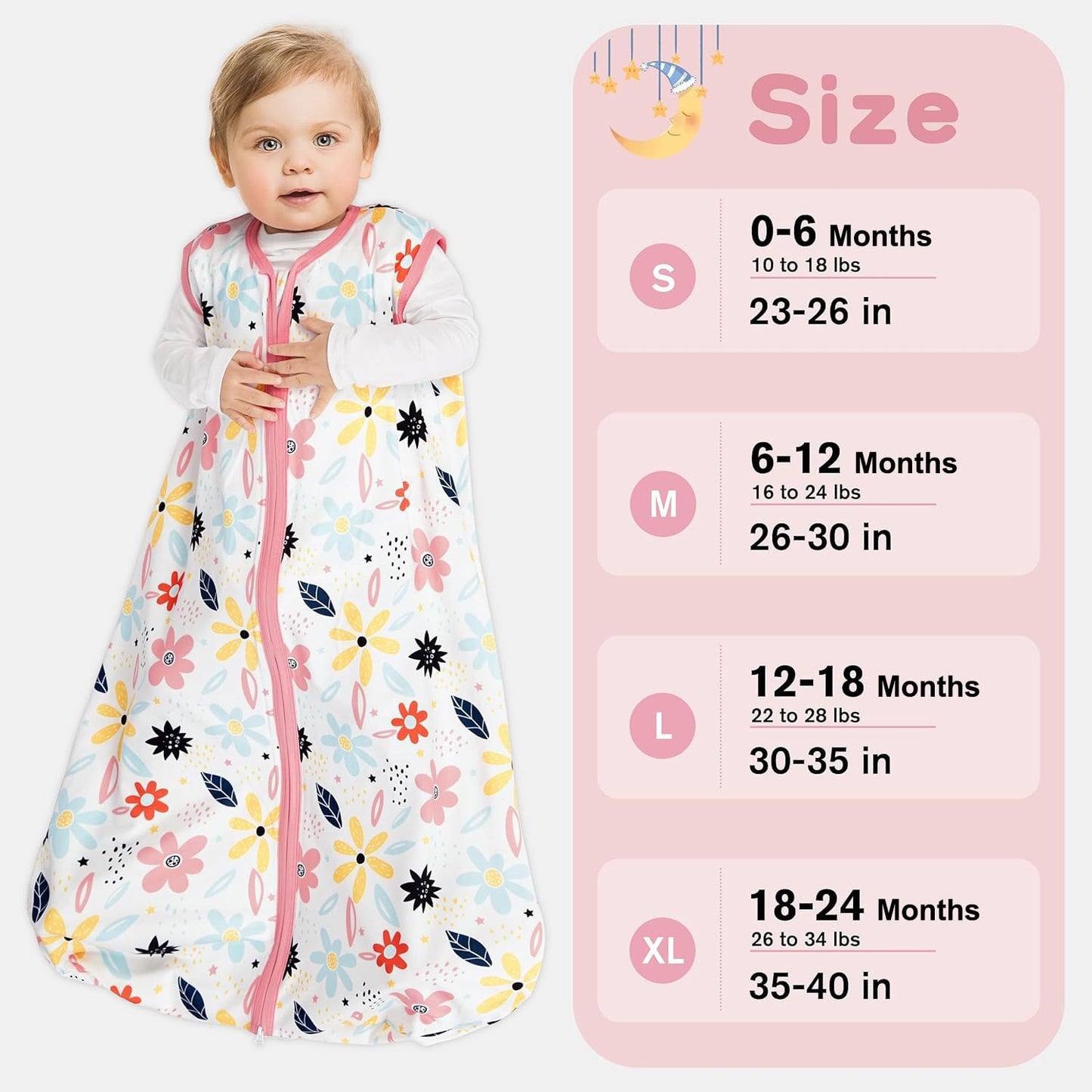BSTOPPT 3 Pack Baby Sleep Sack 6-12 Months 100% Rayon Cotton Baby Sleeping Bag 2-Way Zipper Toddler Wearable Blankets TOG 0.3 (Heart&Pink&Floral)