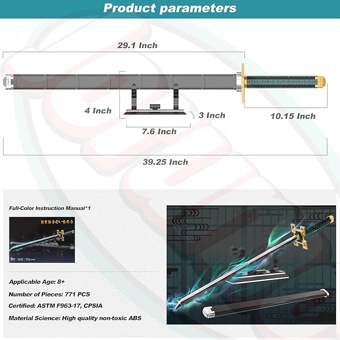 Jorumo Swords Building Sets for Adults and Kids 40in Tokitou Muichirou Sword Building with Scabbard and Stand Anime Sword Building Toy Katana Gift 771 Pcs