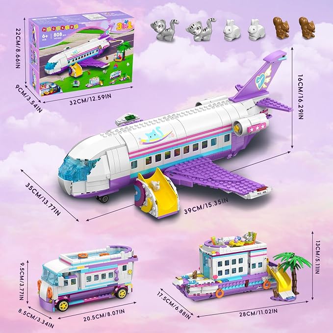 HOGOKIDS 3-in-1 Friends Airplane Building Toy Set - 808PCS Plane/Boat/Camper Van Building Toys with Cute 6 Mini Animals Slide Fun Accessories and Stickers Birthday Gifts for Girls Boys Age 8-12+