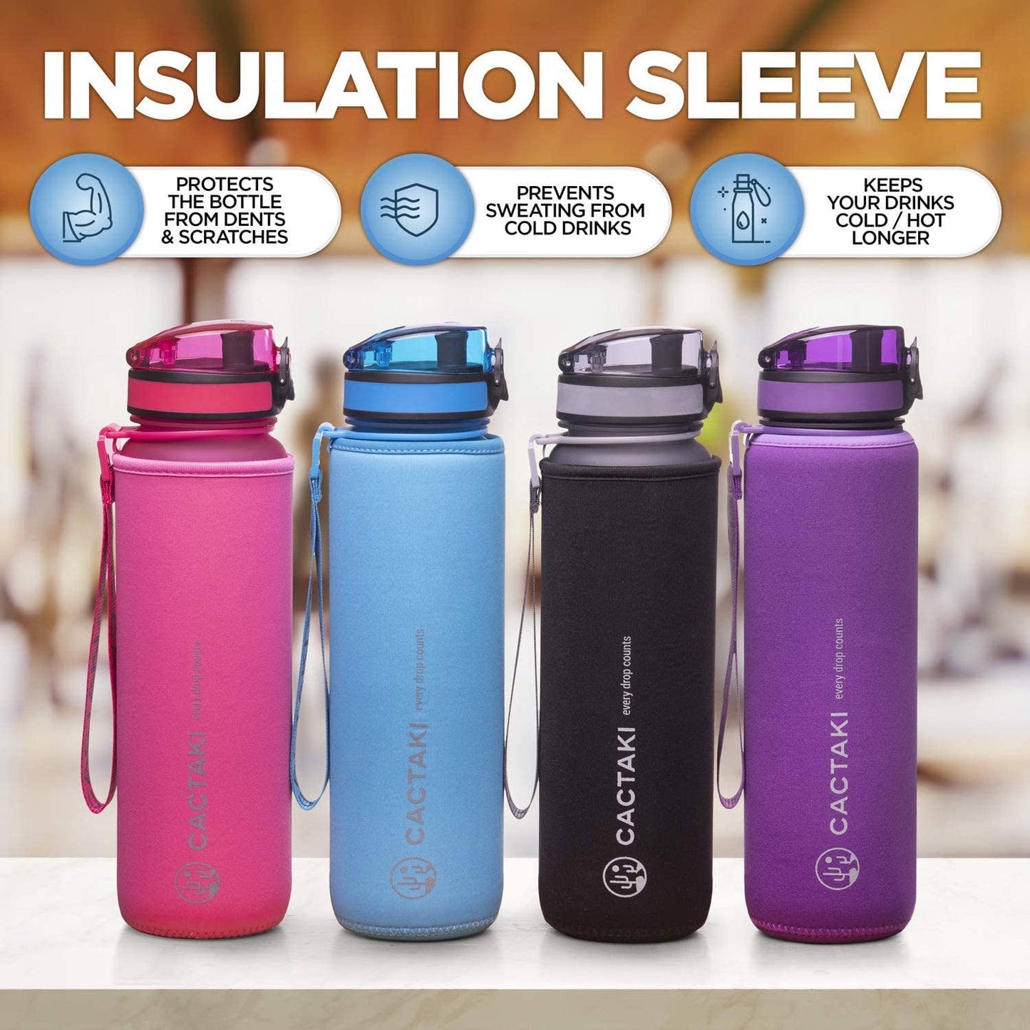 Cactaki 32 oz Water Drinking Bottle with Time Marker - Stay Hydrated - Hydration Tracker & Reminder to Drink With Hourly Measurement Markings - Leak Spill Proof & BPA Free