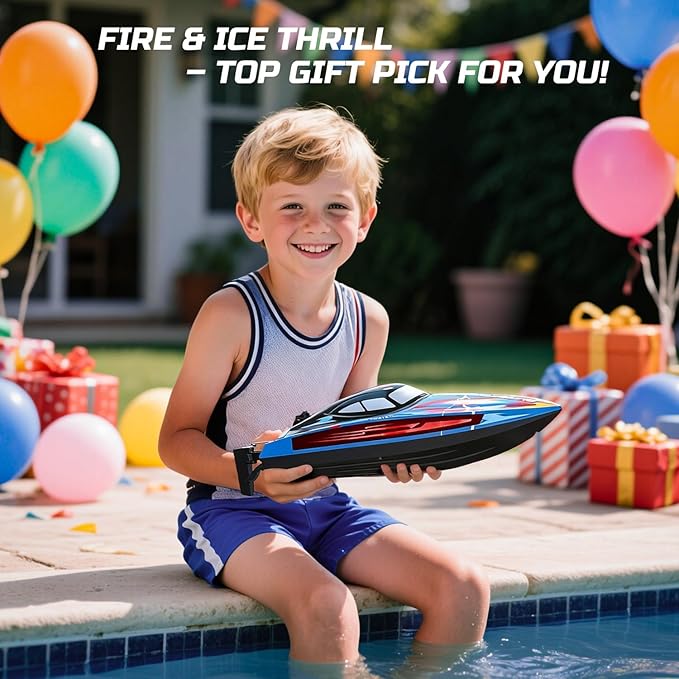 DEERC Fast RC Boat for Pool & Lake 20+MPH 40+ Mins Self Righting Remote Control Racing Speed Boat for Kids 2.4Ghz Summer Water Toy Gift