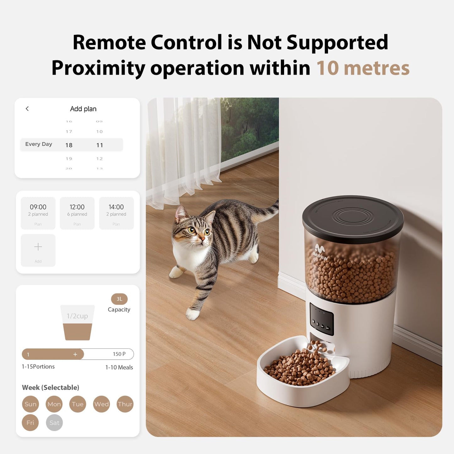 IMIPAW Automatic Cat Feeder - 3L Pet Dry Food Dispenser with Timed Programmable Portion Control, Dual Power Backup, Easy Set Up, 10 Meals Per Day for Cats and Puppies(Remote Not Supported)