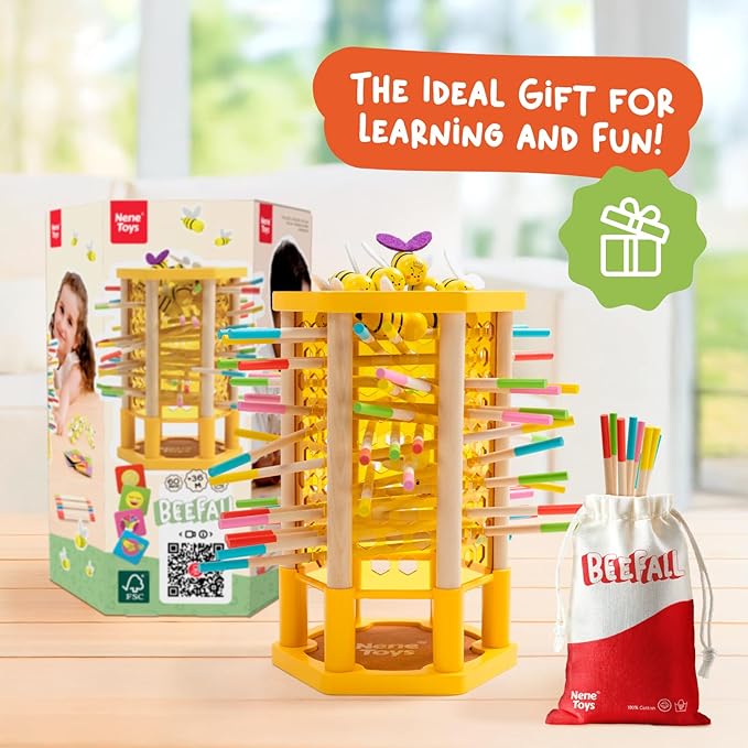 Nene Toys BeeFall Jumbo 4-in-1 Wooden Honey Bee Toy for Kids Ages 3-9 - Educational Game with Wooden Honeybee Hive 12 Bees Colorful Sticks Dice & Cards - Fun Family Game for Cognitive Developm