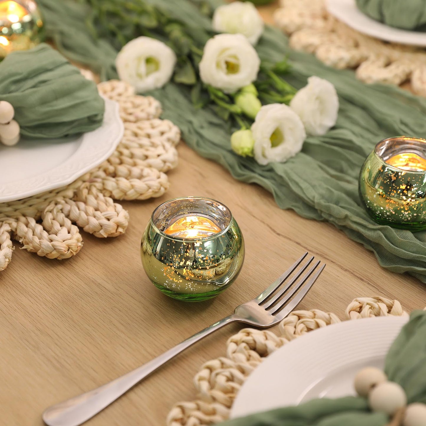Volens 24PCS Green Votive Candle Holders Bulk, Round Mercury Glass Candle Holders for Tealight - Green Centerpiece Table Decorations for Wedding, Birthday, Party, Bridal Shower and Home Decor