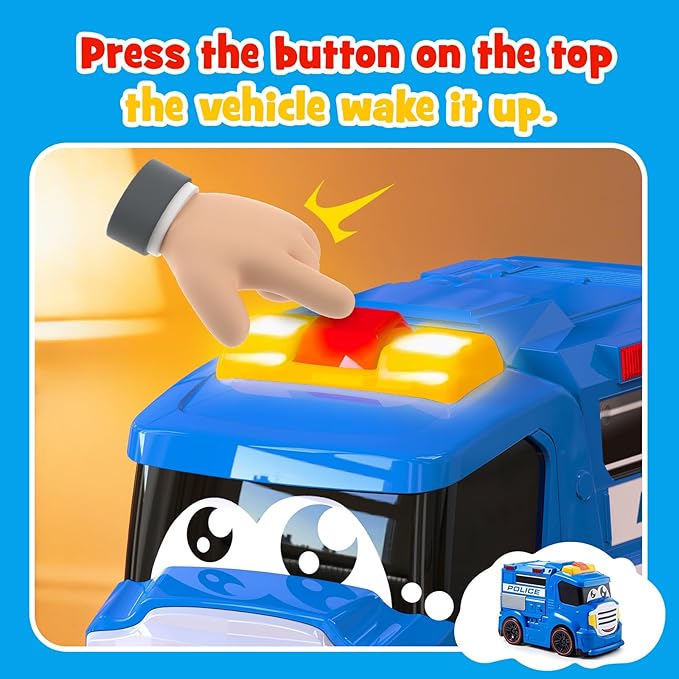 Remote Control Police Car Truck Toy Cars for Toddlers 1-3 with Sirens & Flashing Lights Cartoon RC Emergency Vehicle for Kids 3-5 Boys & Girls