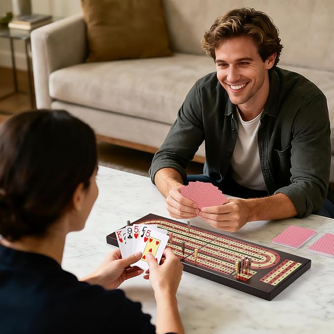 Cribbage Board Foldable 4-Track Cribbage Board Game Set Solid Wood Game Board with 12 Brass Pegs & Felt-Lined Storage for 2-4 Players with Convenient Pouch