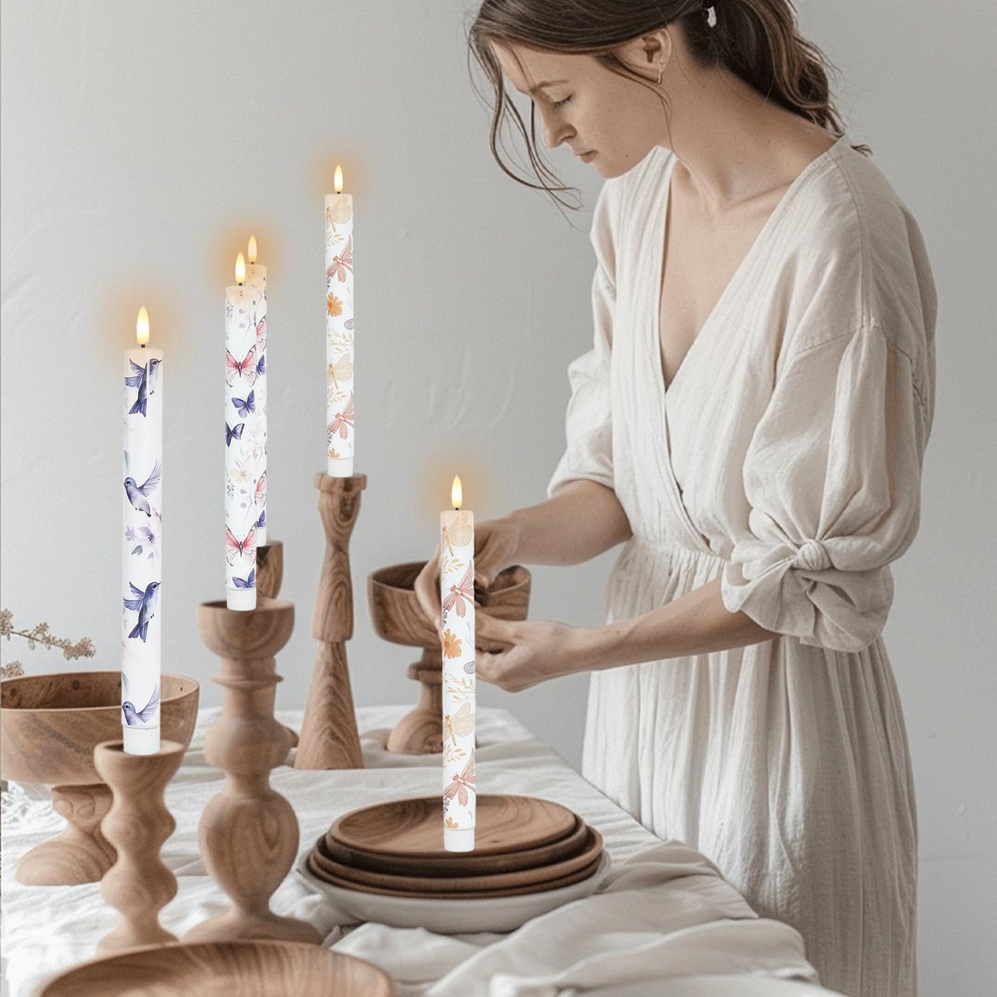 MAITREYA Flameless Taper Candles Dragonfly Butterfly Hummingbird Decor Candle Battery Operated Led Candlesticks for Wedding Party Home Table Centerpiece Christmas Halloween Gifts,10.6 Inch,6 Pcs