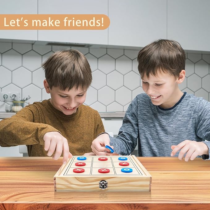 4 in 1 Wooden Fodable Fast Sling Puck Game Set – Chess Tic Tac Toe Checkers Board Game for Kids & Adults Portable Tabletop Family Toy for Travel & Game Night