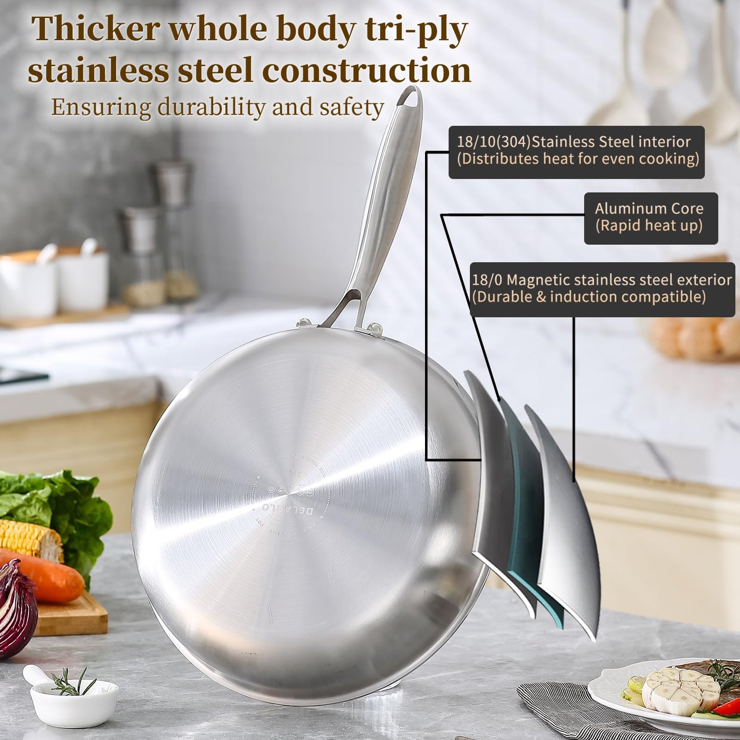 DELARLO Tri-Ply Stainless Steel Pan, 12 inch Frying Pan with Lid, Compatible with All Cooktops Up to 600℉, Fast & Even Heat, Skillet, Induction Cookware, Cooking Pan, Stir Fry Pan, Dishwasher Safe