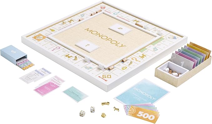 WS Game Company Monopoly Bianco Edition White Wood Board Gold-Tone Tokens Grasscloth-Textured Center Solid Wood Houses & Hotels Premium Accessories Board Games for 2-6 Players