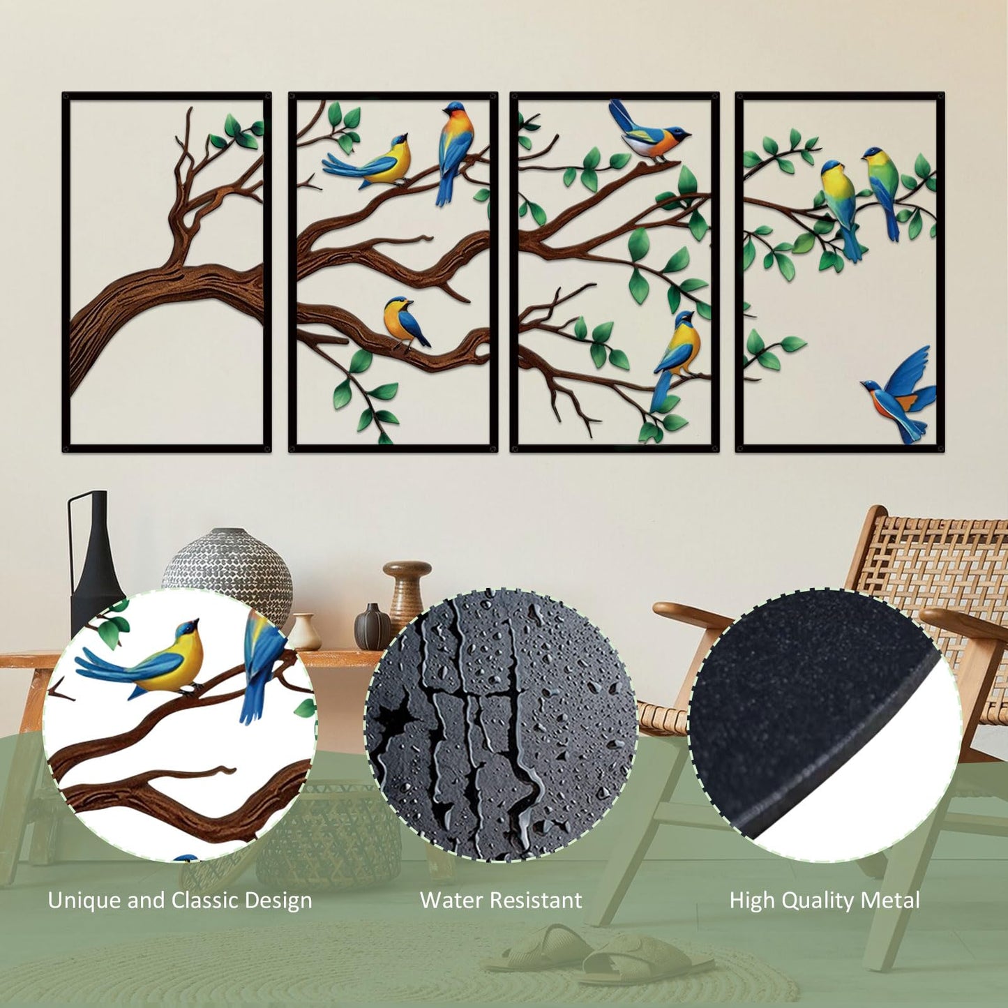 ruelen 4 Pieces Large Metal Birds and Branch Wall Art, Tree of Life Metal Wall Art, Colorful Leaves with Birds Silhouette Hanging Wall Sculpture for Living Room Home Bedroom Indoor Outdoor (Large)